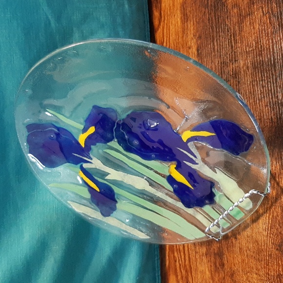 Signed Travis Fused Art Glass Dinner Plate Blue Iris Fused Glass Dinner … - Picture 2 of 7